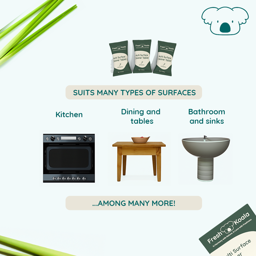 Eco-friendly cleaning that is suitable for multiple surfaces at home, from kitchen cleaning, table cleaning and bathroom cleaning.