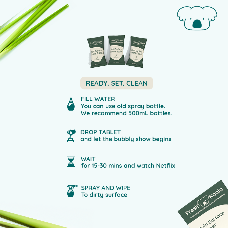Easy steps on how to use Fresh Koala multi surface cleaning tablets.